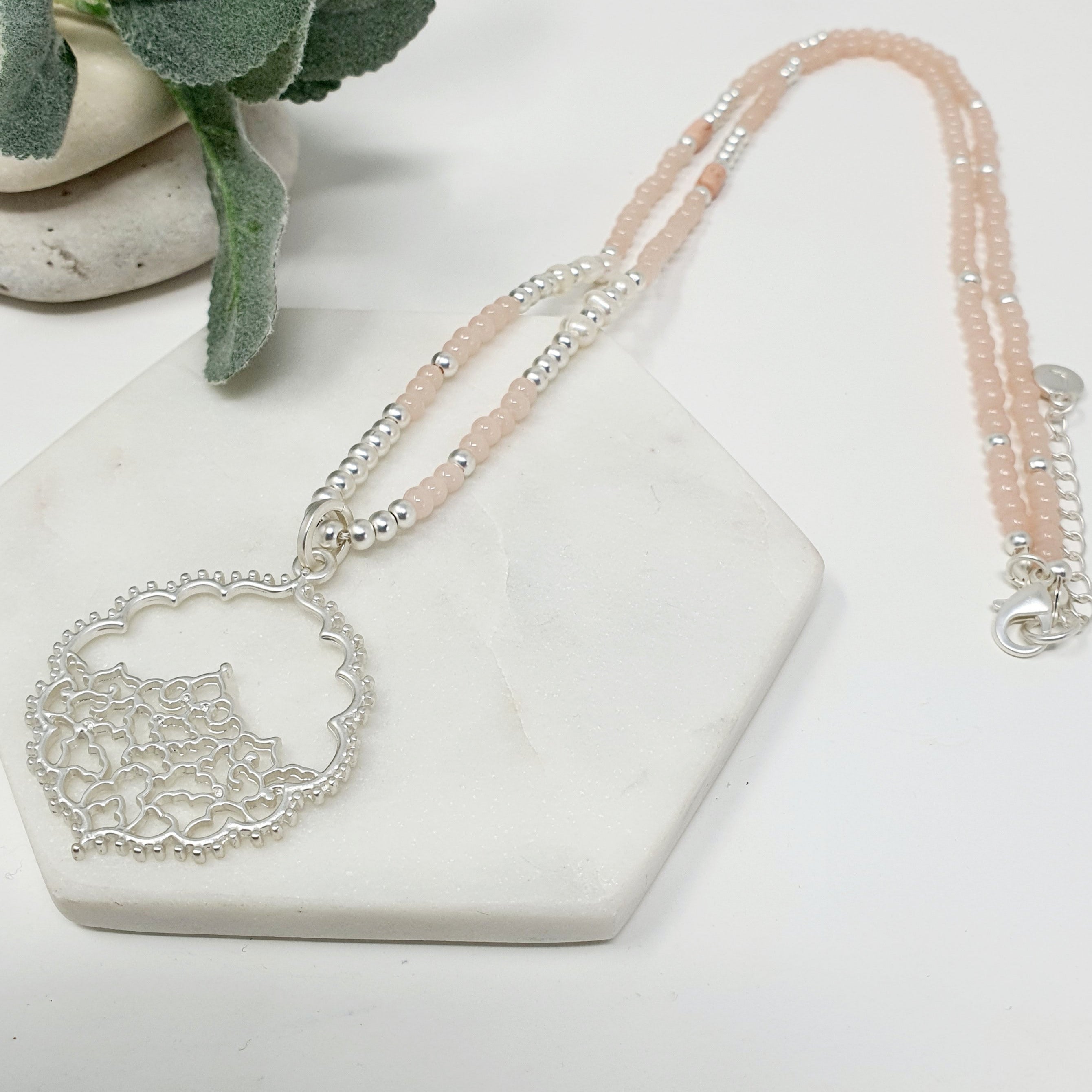 Silver Matt & Pink Bead Necklace