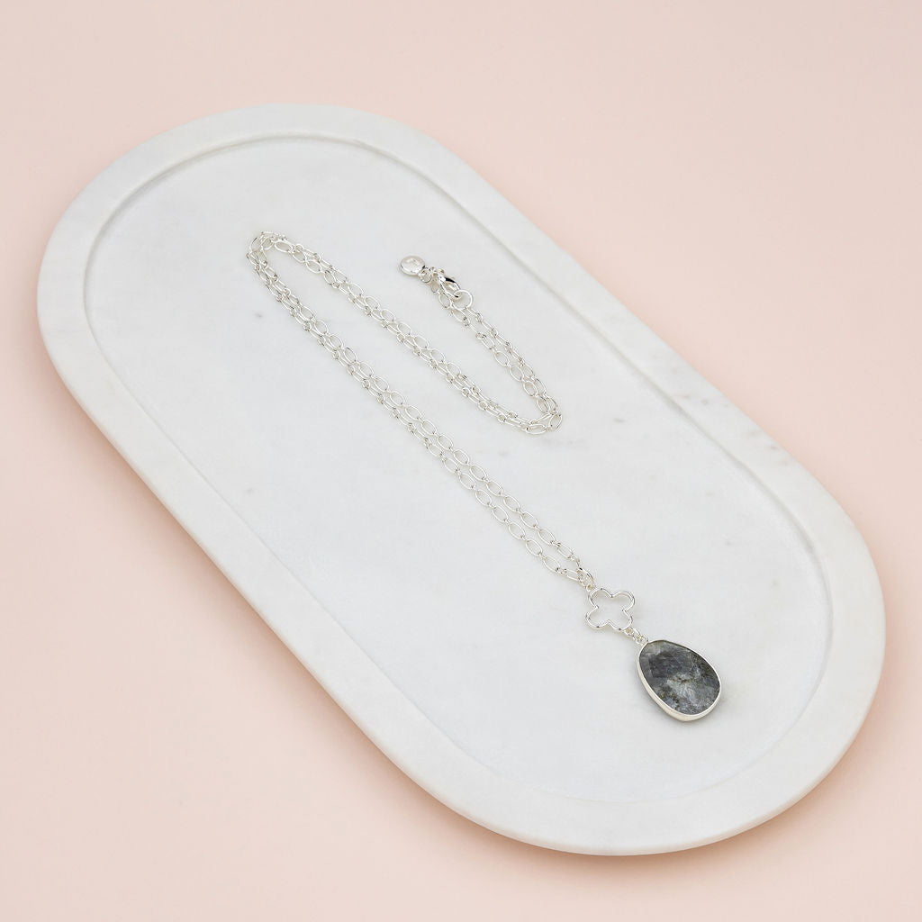 Grey Quartz Flower Pendant Long Necklace