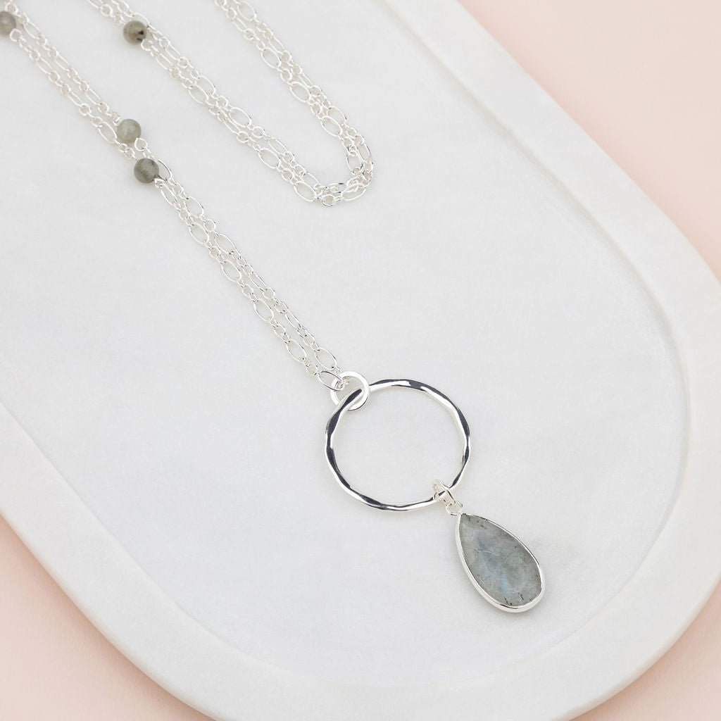 Grey Quartz Stone & Silver Ring Necklace