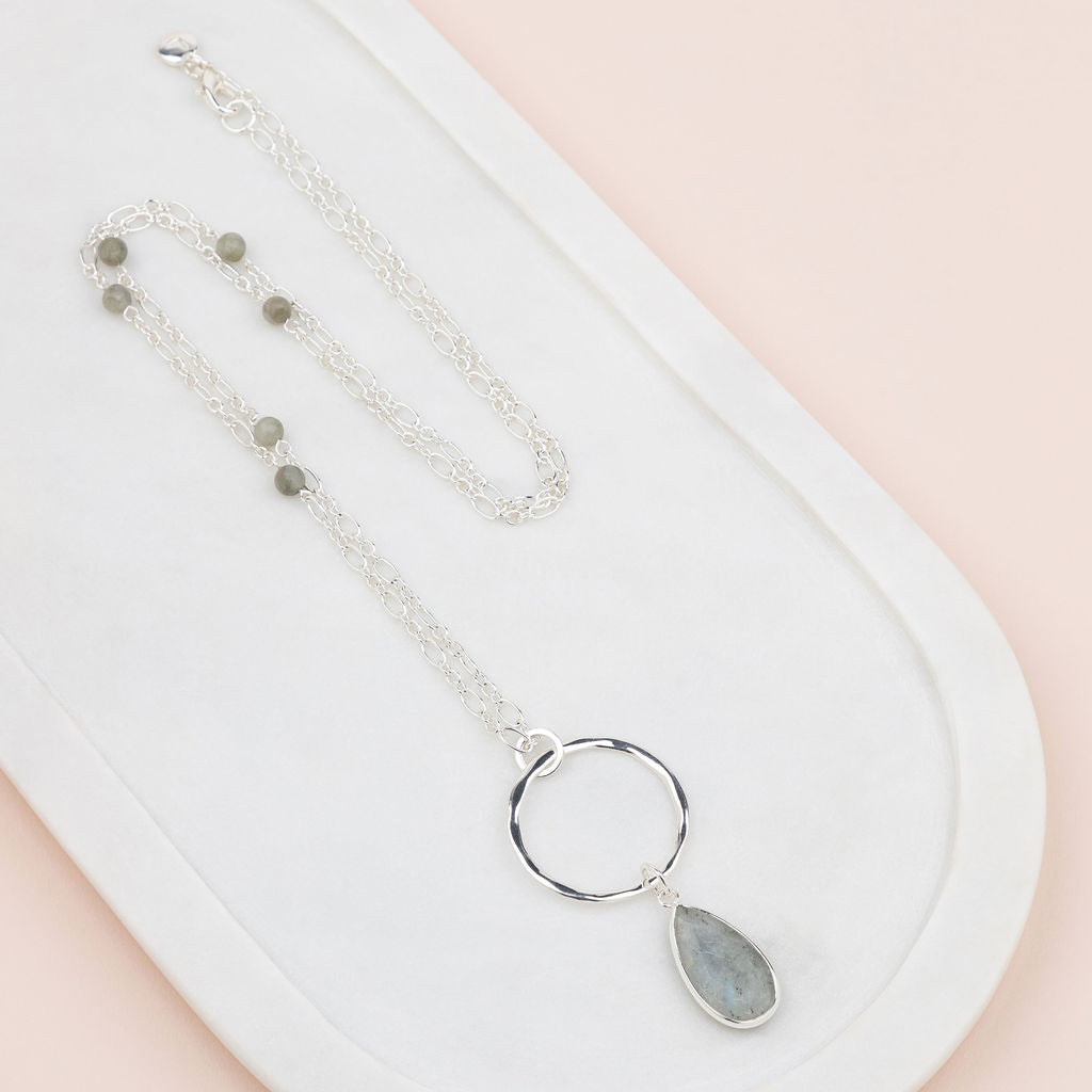 Grey Quartz Stone & Silver Ring Necklace
