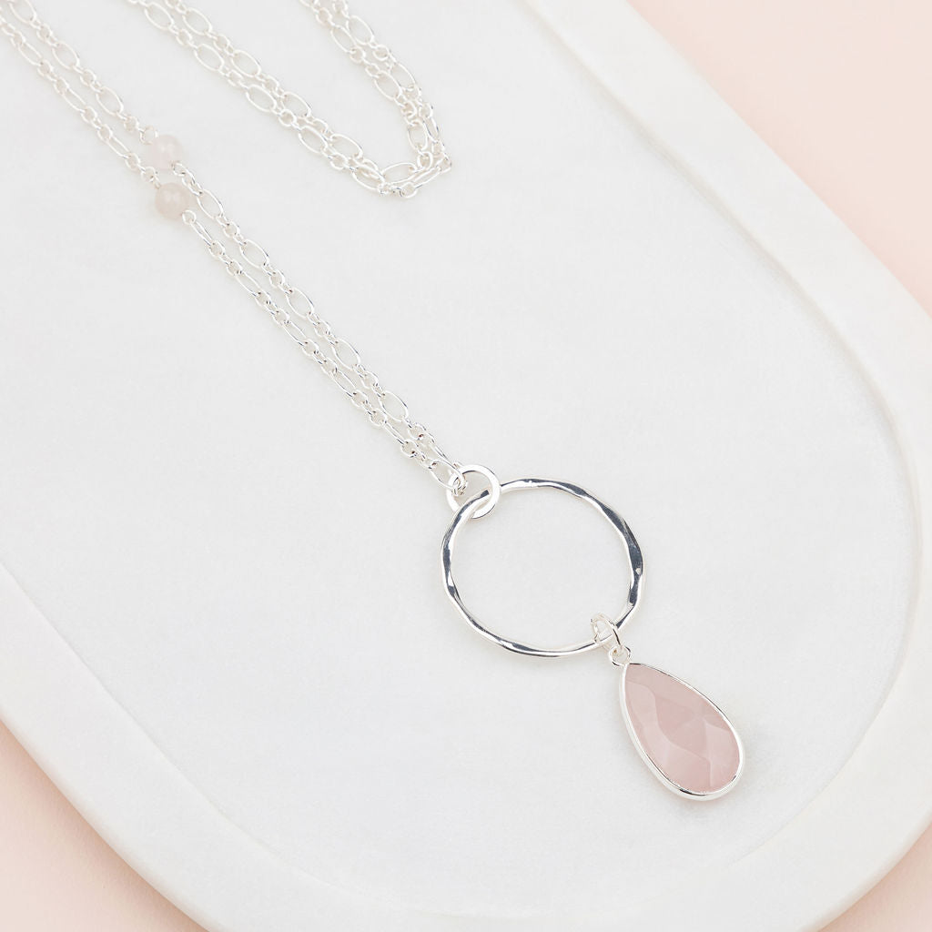 Pink Quartz Stone & Silver Ring Long Necklace