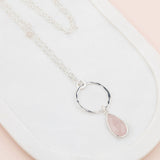 Pink Quartz Stone & Silver Ring Long Necklace