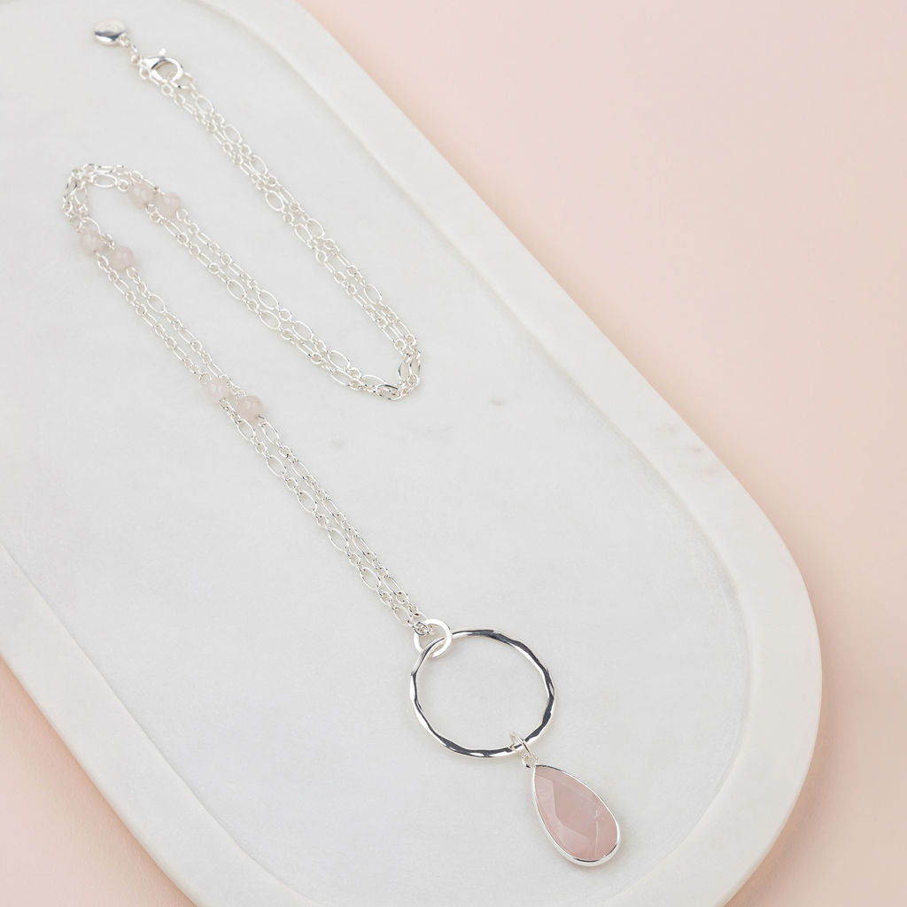 Pink Quartz Stone & Silver Ring Long Necklace