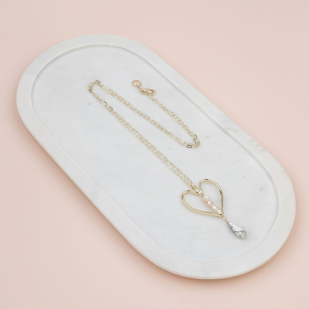 Light Gold Heart, Pearl & Howlite Stone Long Necklace