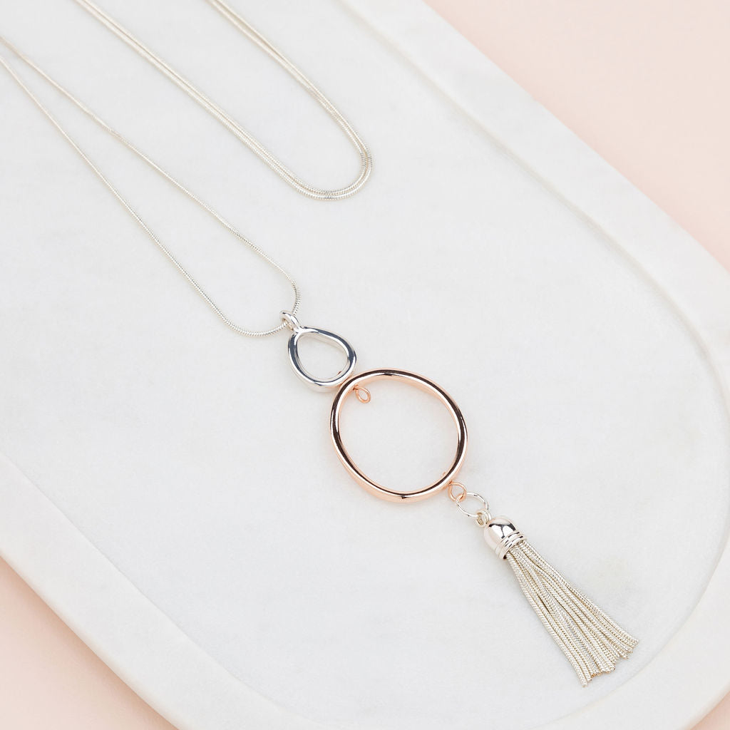 Rose Gold & Silver Tassel, Oval and Ball Necklace