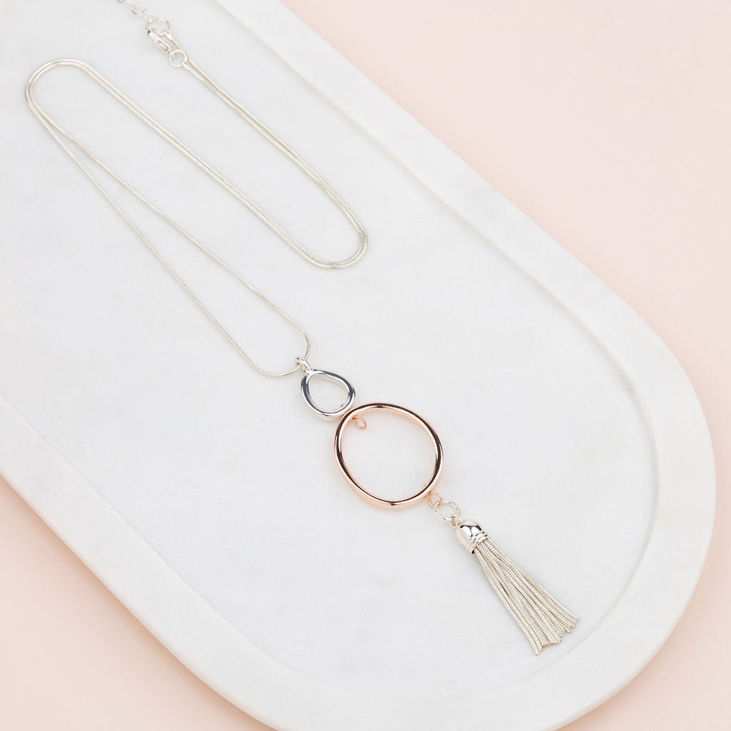 Rose Gold & Silver Tassel, Oval and Ball Necklace