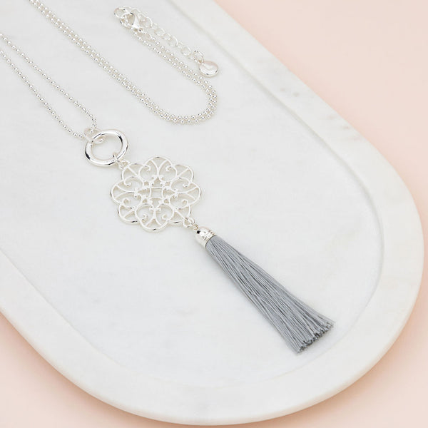 Silver Scroll with Grey Tassel Necklace
