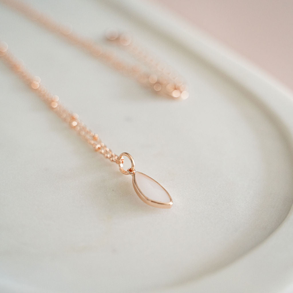 Long Rose Gold Rose Quartz Charm Necklace