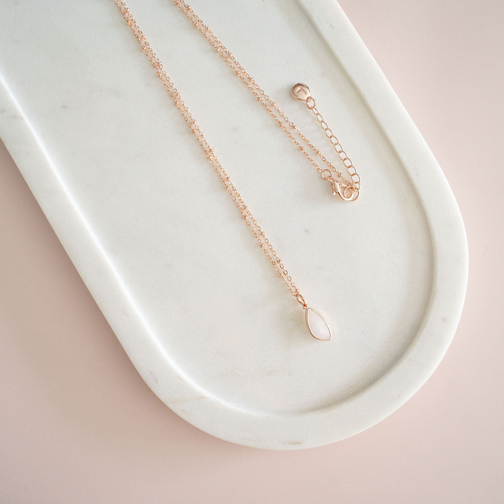 Long Rose Gold Rose Quartz Charm Necklace