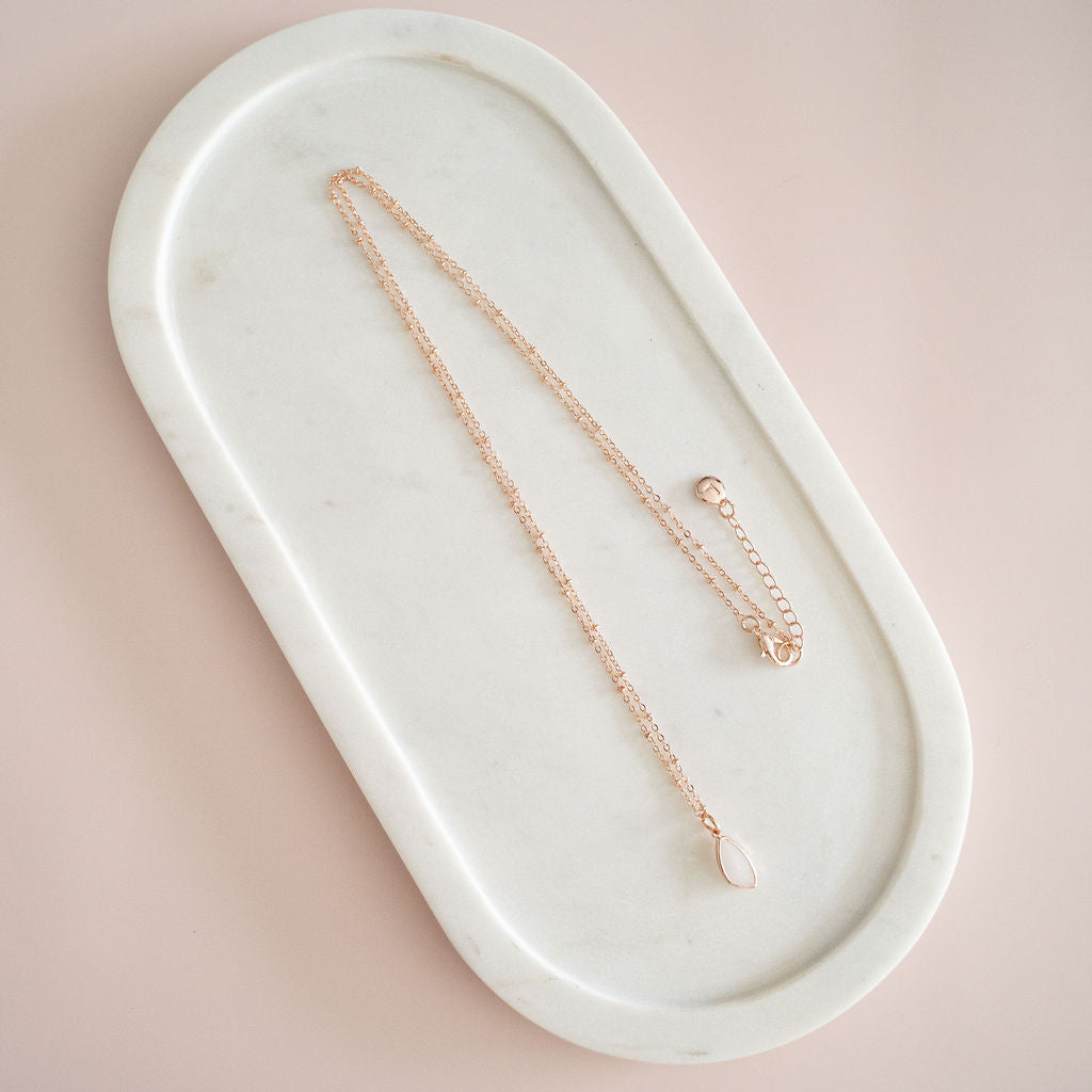 Long Rose Gold Rose Quartz Charm Necklace