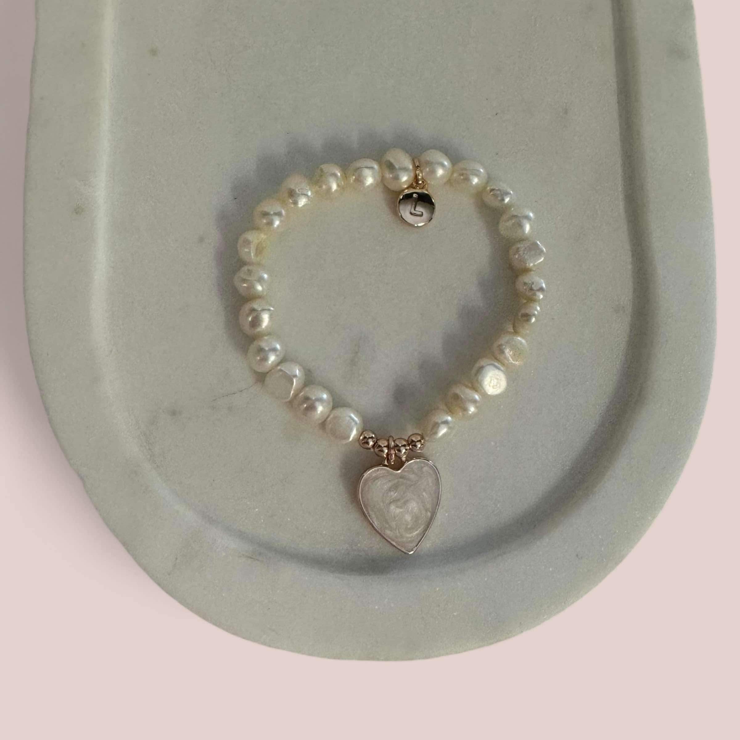 Rose Gold & Pearl Heart on Fresh Water Pearl Bracelet