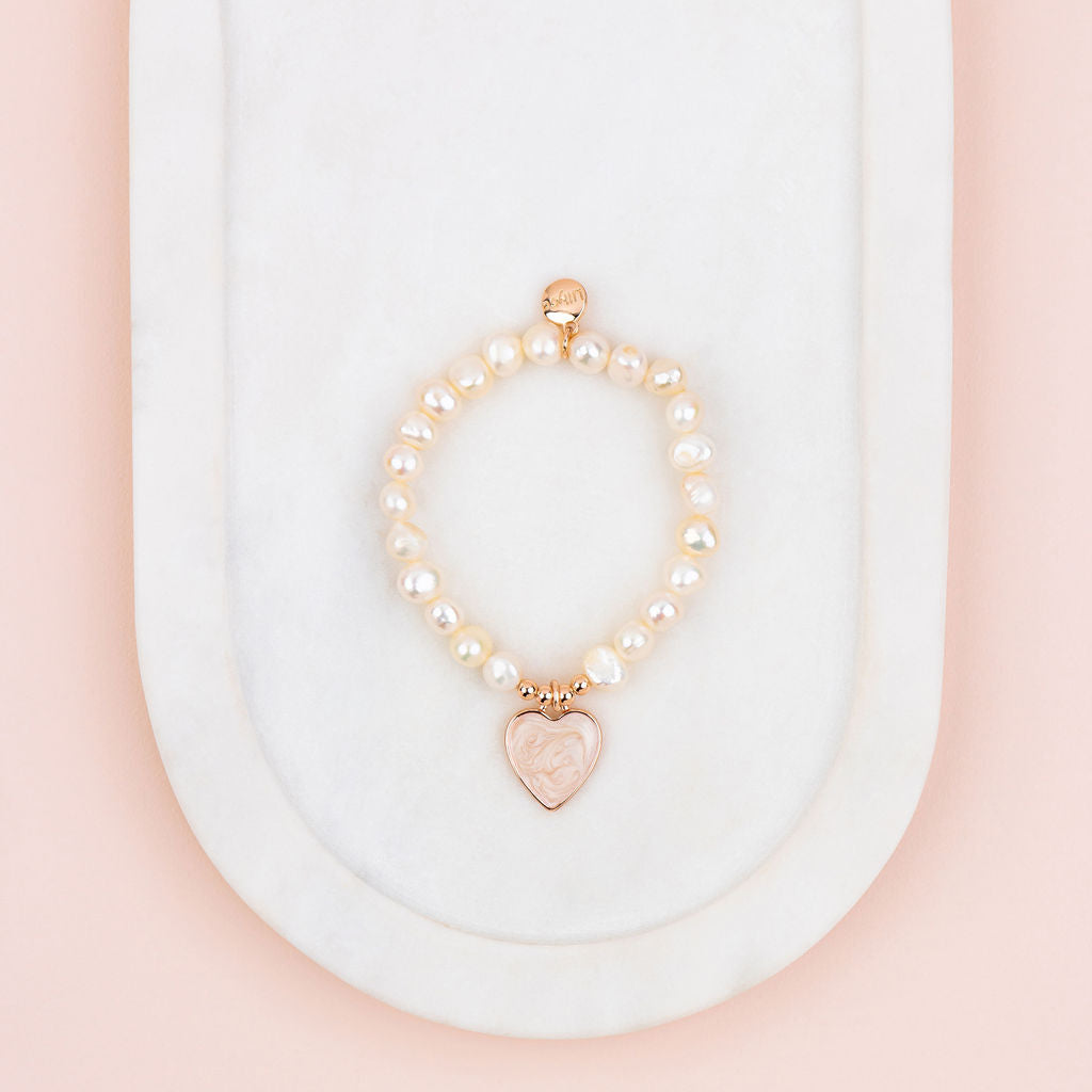 Rose Gold & Pearl Heart on Fresh Water Pearl Bracelet