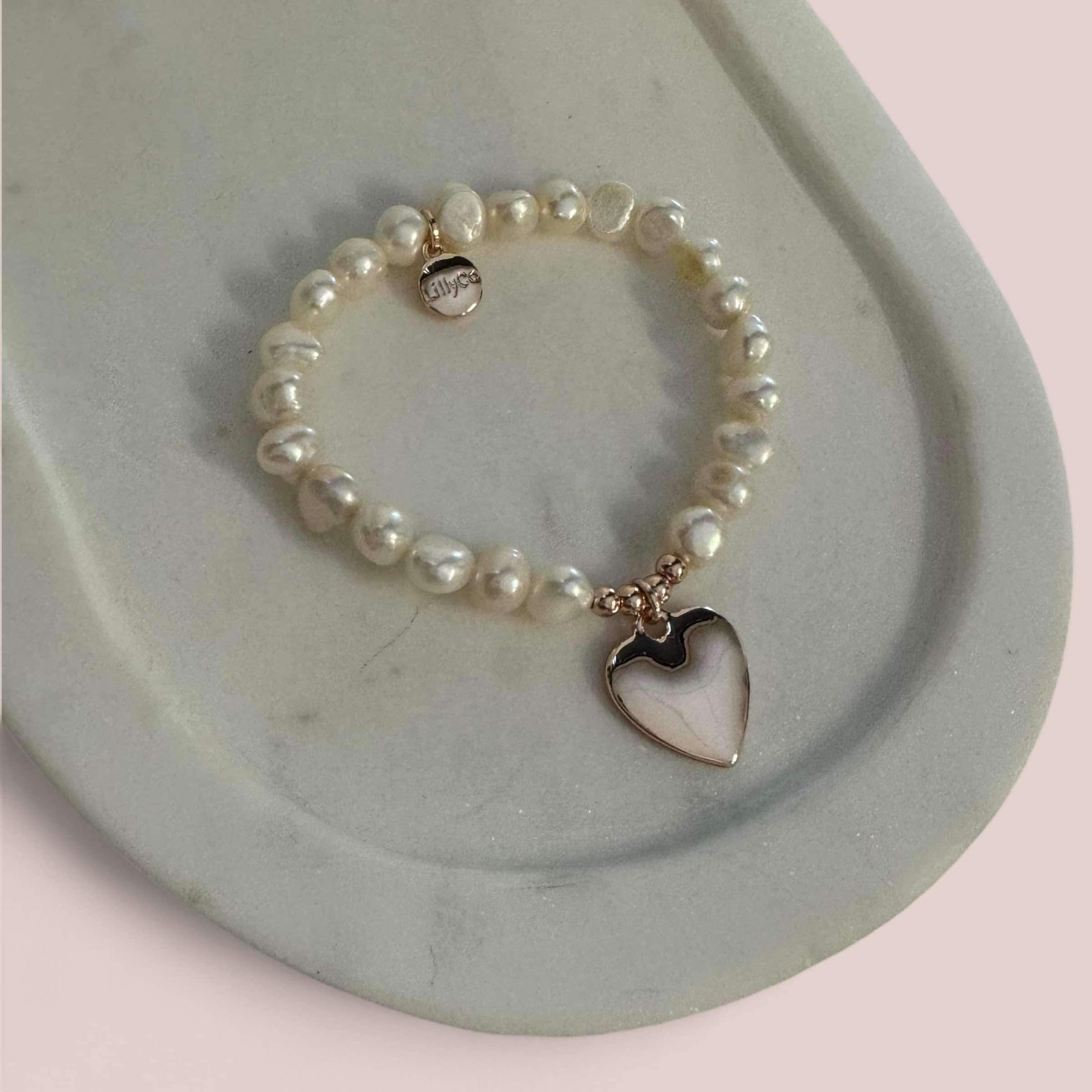 Rose Gold & Pearl Heart on Fresh Water Pearl Bracelet