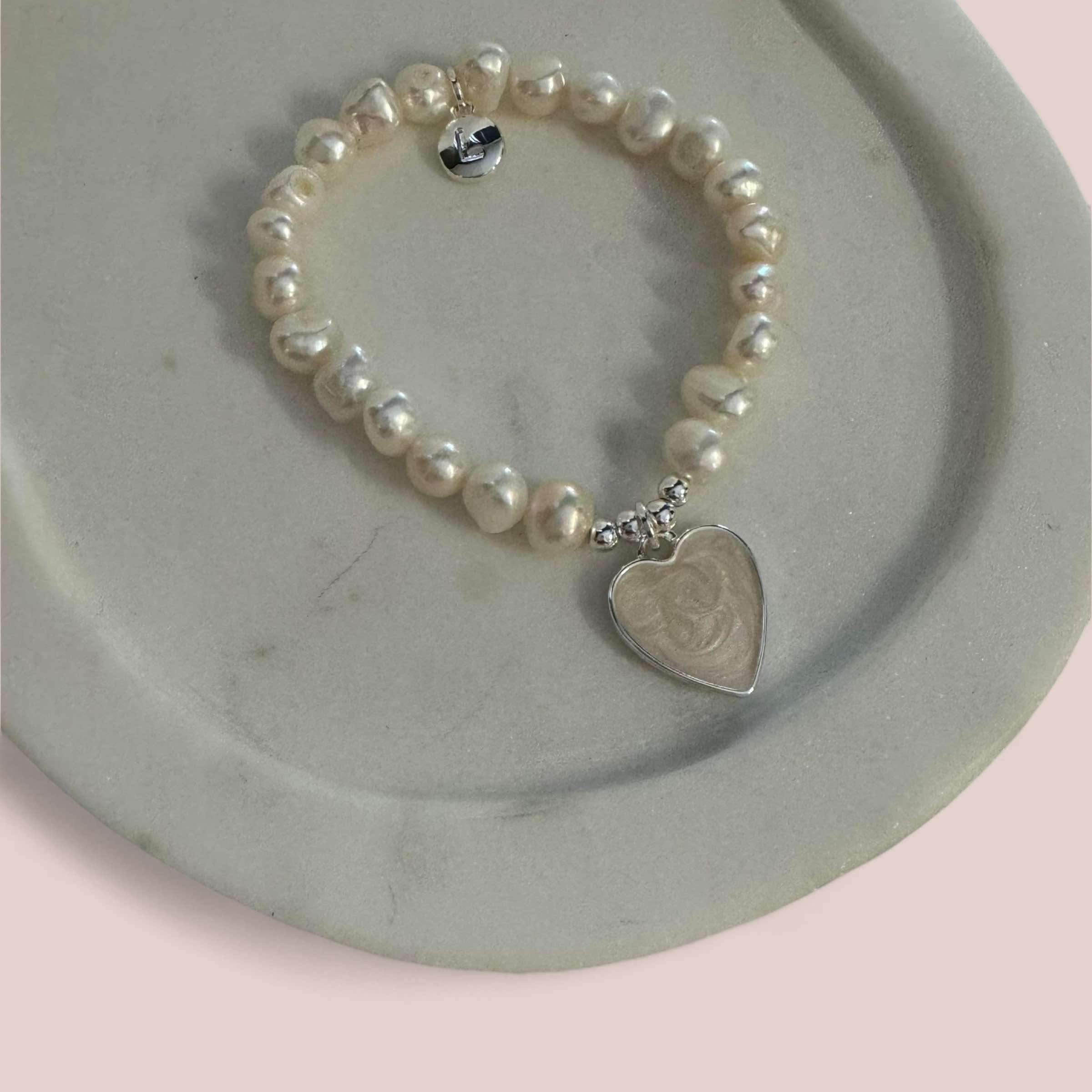 Silver & Pearl Heart on Fresh Water Pearl Bracelet