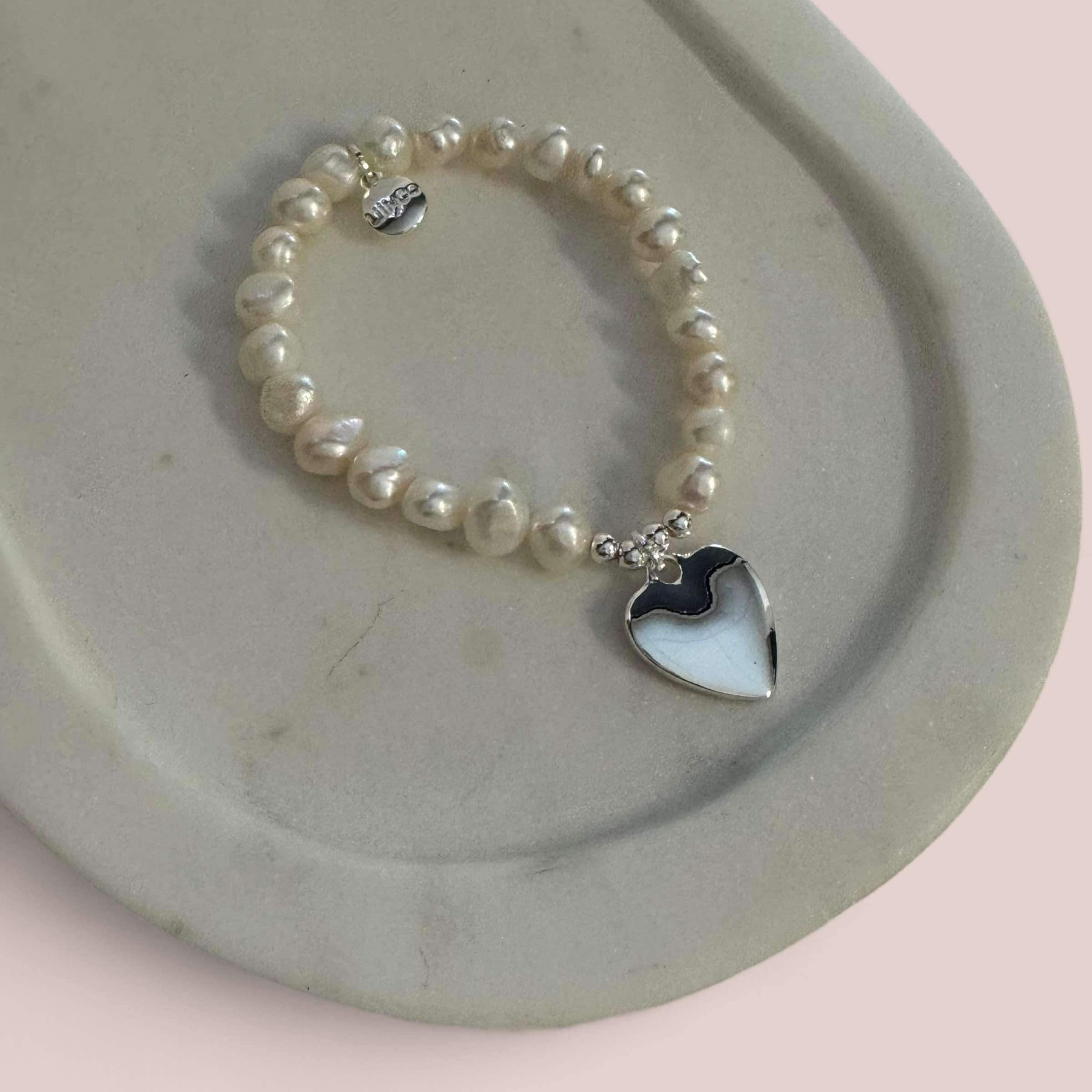 Silver & Pearl Heart on Fresh Water Pearl Bracelet