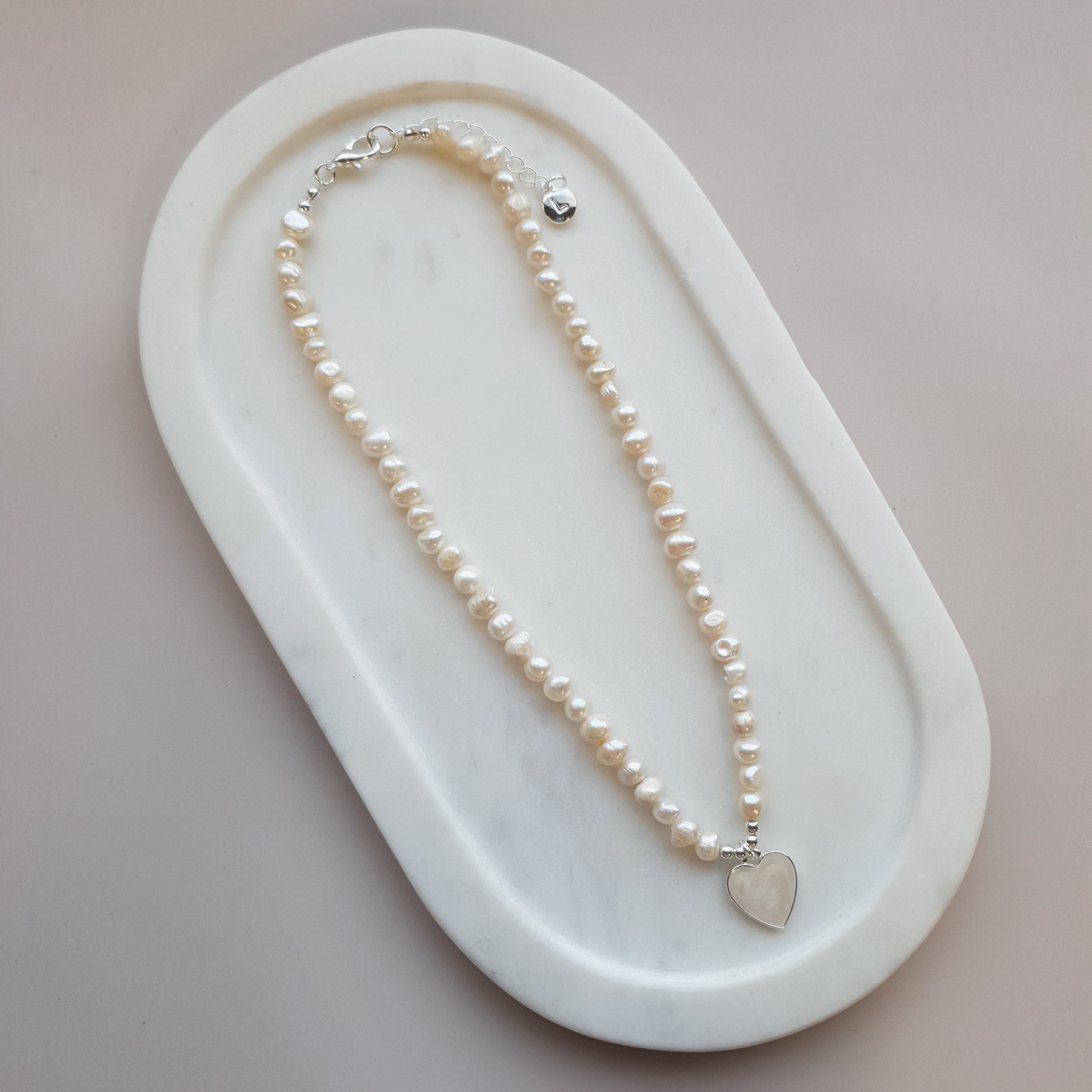 SHORT | Silver & Pearl Heart on Fresh Water Pearl Necklace