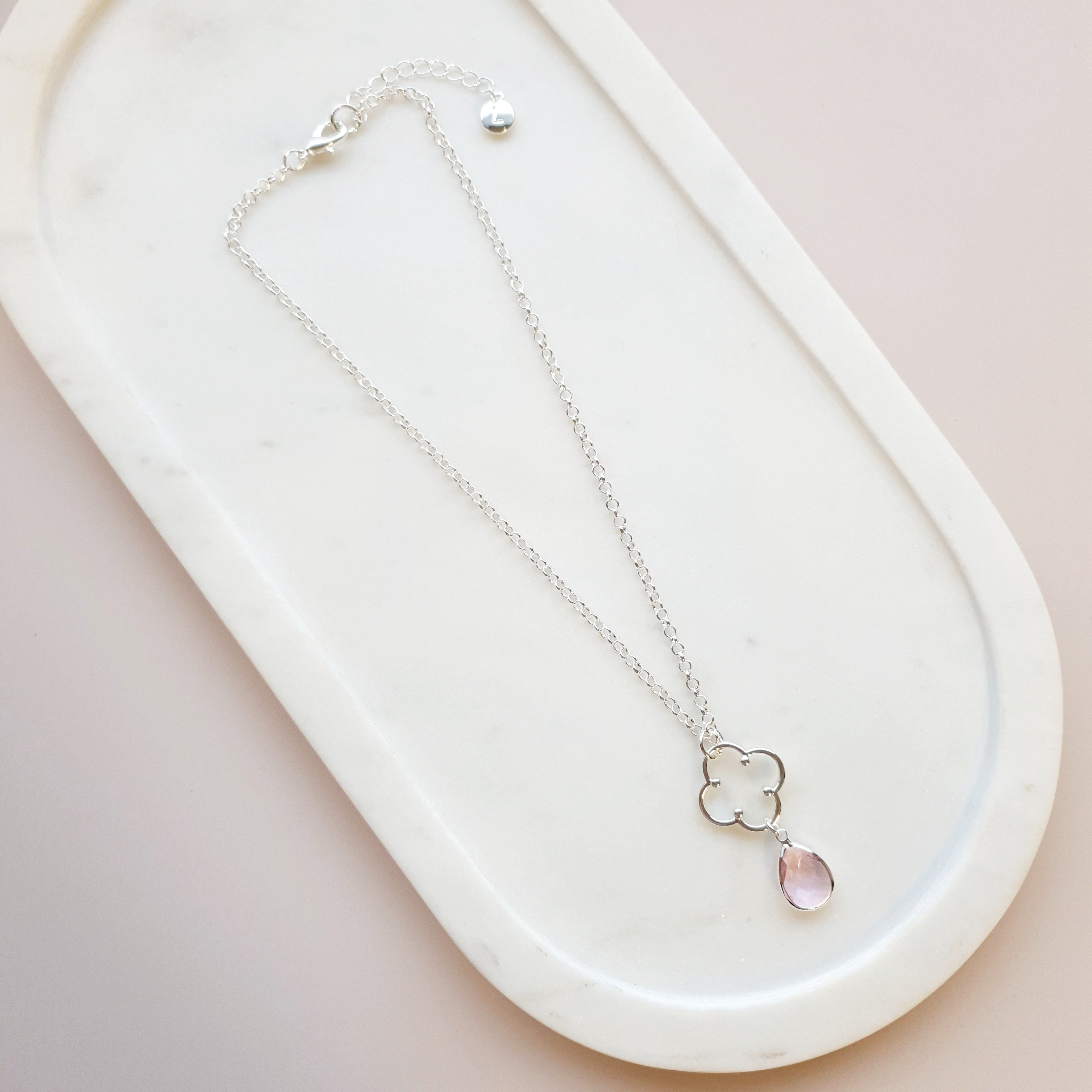 SHORT | Silver Flower & Pink Crystal Necklace