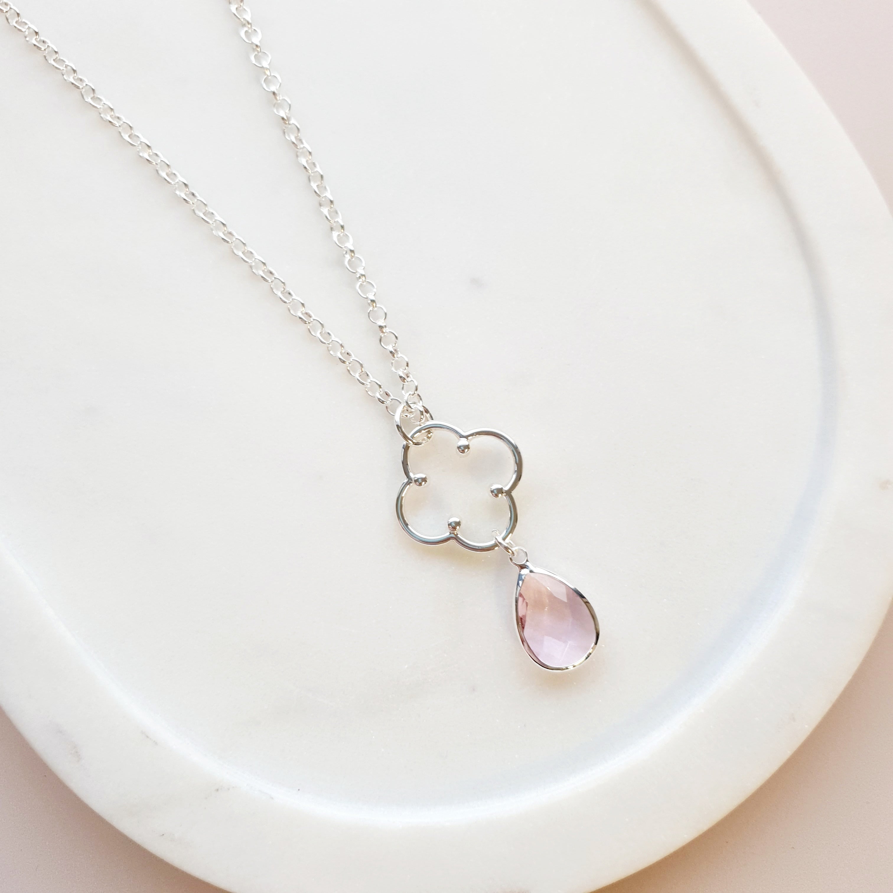 SHORT | Silver Flower & Pink Crystal Necklace