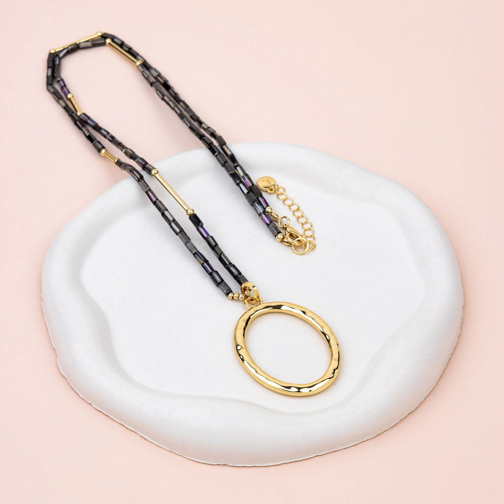 Yellow Gold Oval Pendant with Black Quartz Long Necklace