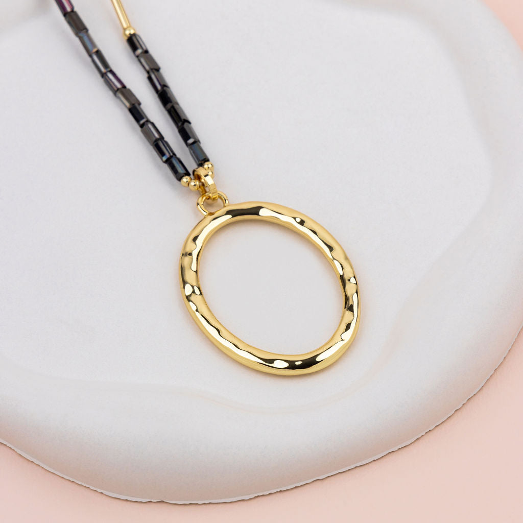 Yellow Gold Oval Pendant with Black Quartz Long Necklace