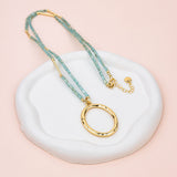 Yellow Gold Oval Pendant with Green Quartz Long Necklace