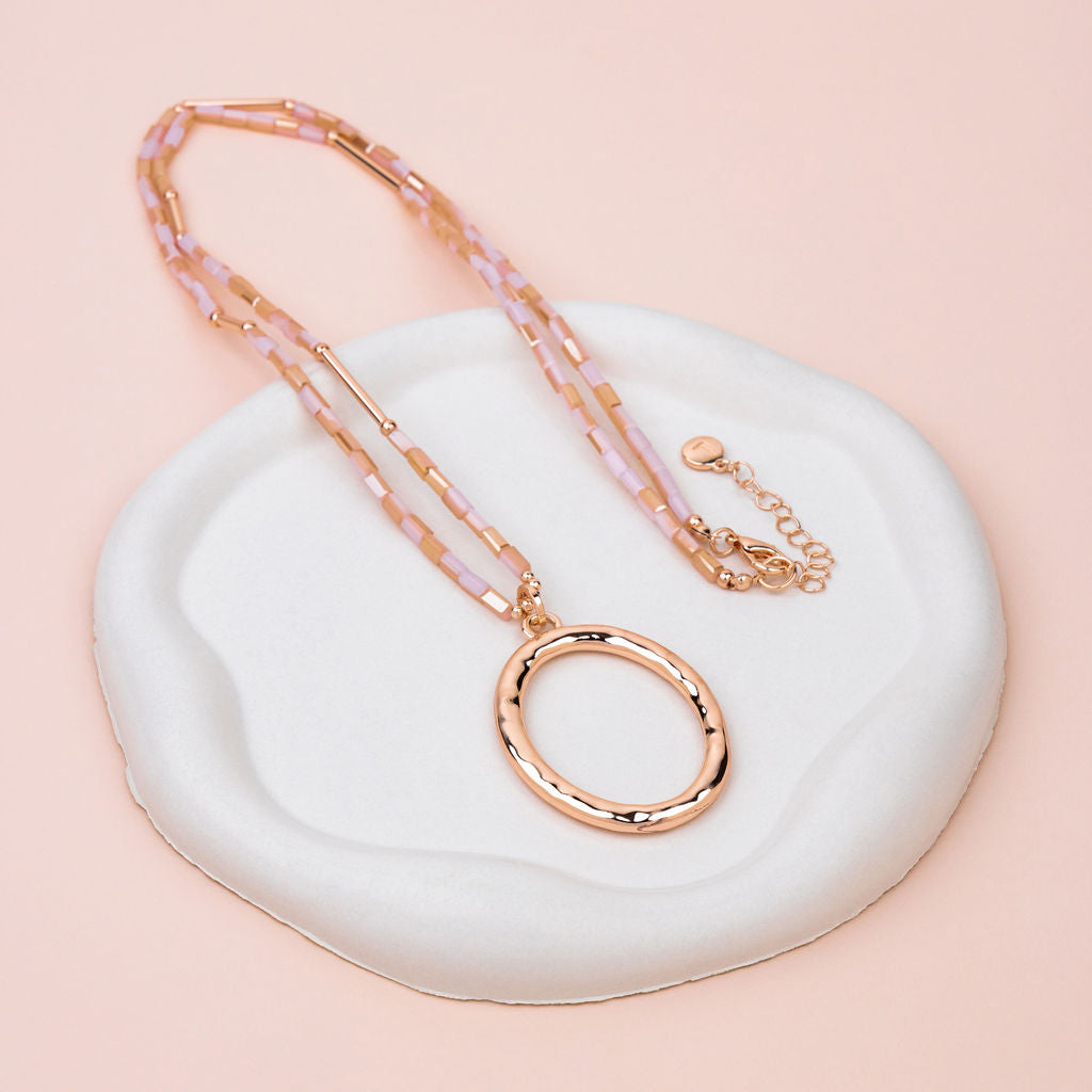 Rose Gold Oval Pendant with Pink Quartz Long Necklace