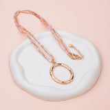 Rose Gold Oval Pendant with Pink Quartz Long Necklace