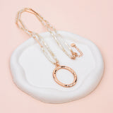 Rose Gold Oval Pendant with White Quartz Long Necklace