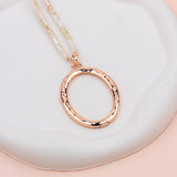 Rose Gold Oval Pendant with White Quartz Long Necklace