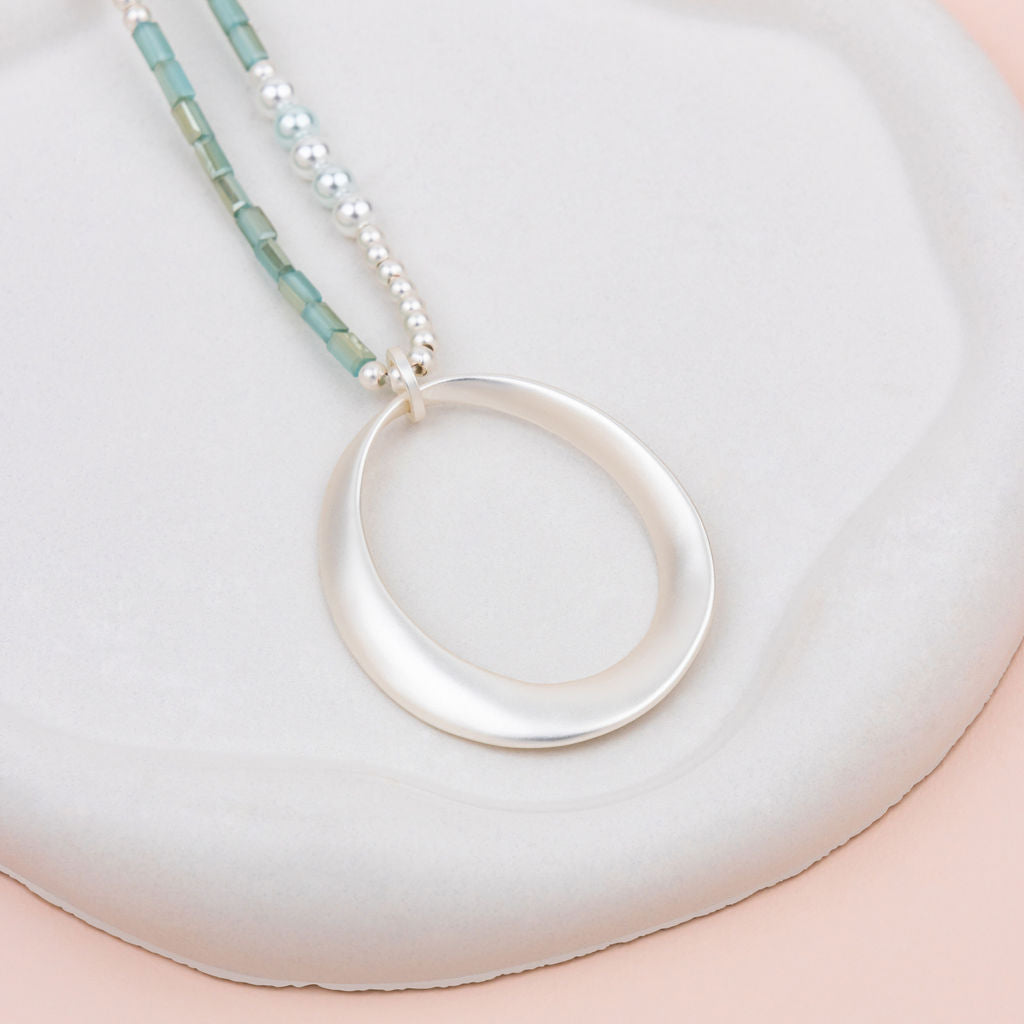 Matt Silver Oval Pendant with Green Quartz Long Necklace