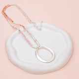 Matt Silver Oval Pendant with Pink Quartz Long Necklace