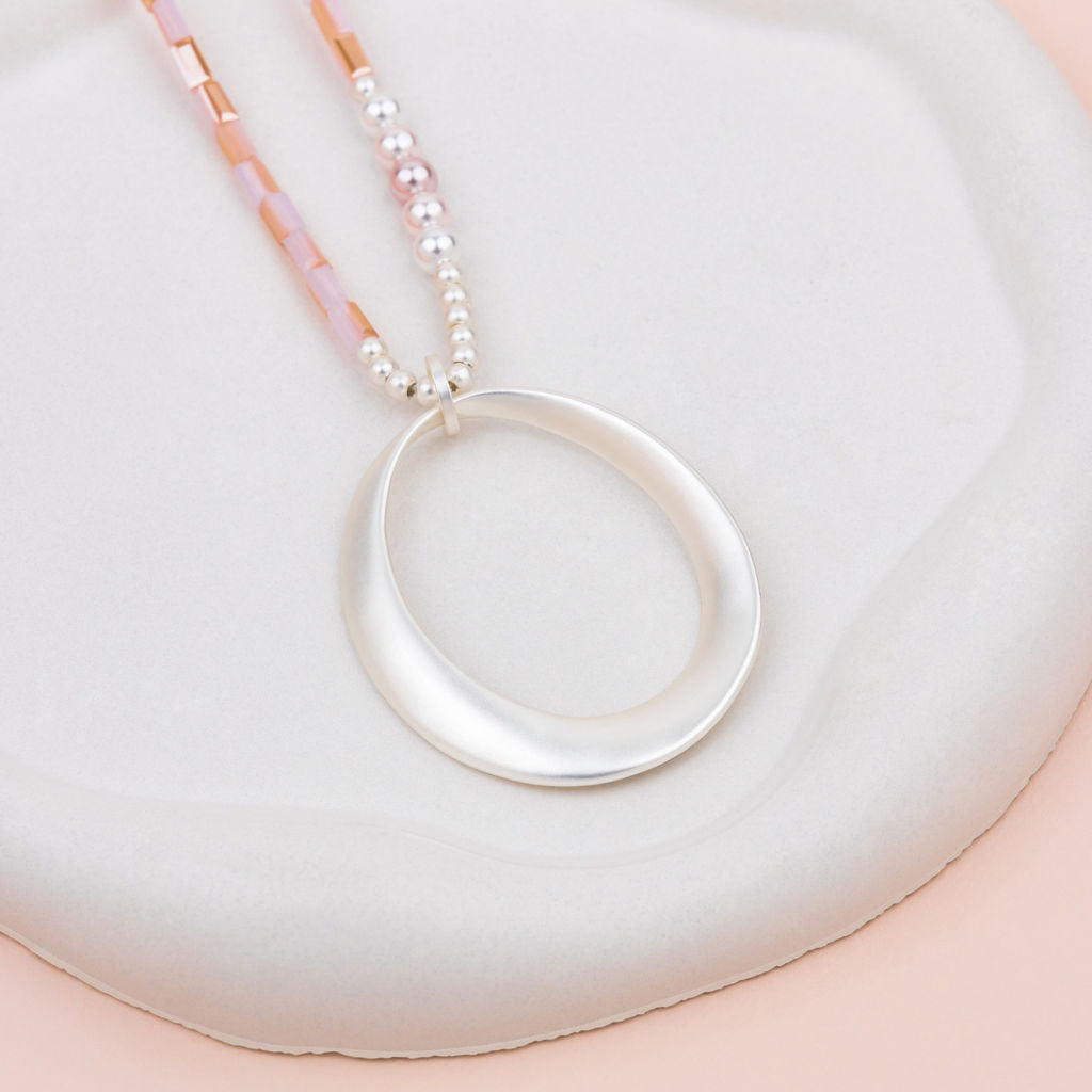 Matt Silver Oval Pendant with Pink Quartz Long Necklace
