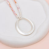 Matt Silver Oval Pendant with Pink Quartz Long Necklace
