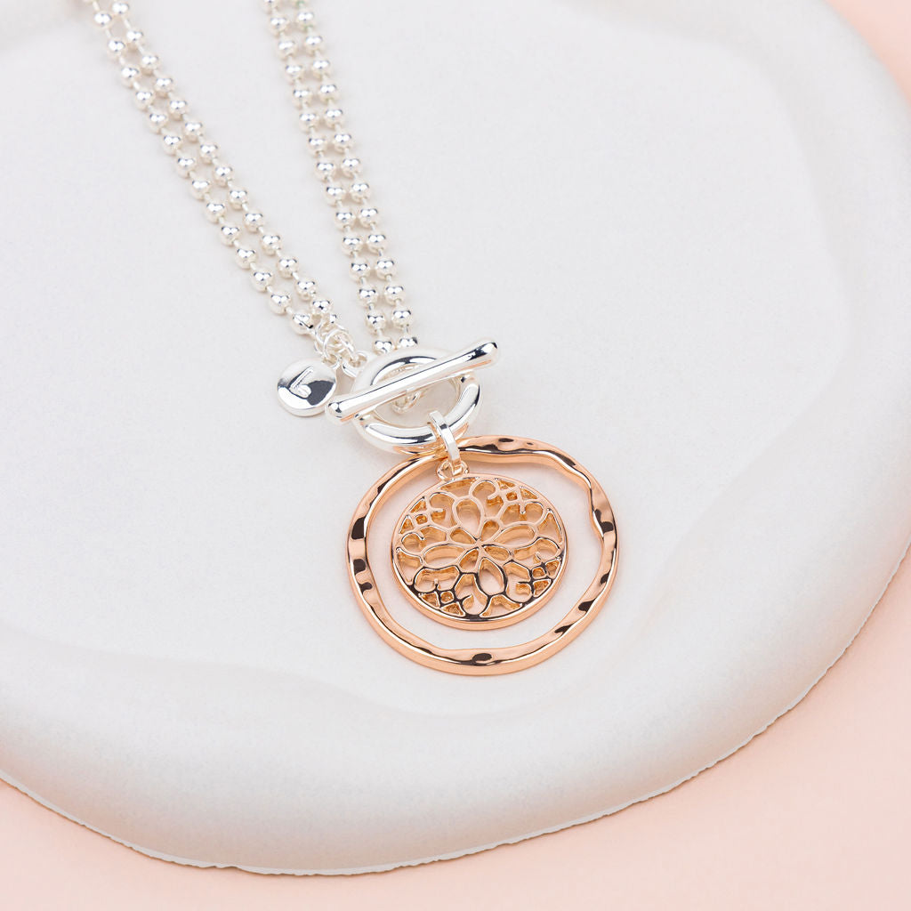 SHORT| LONG | Rose Gold & Silver Circle & Flower Pendant Necklace