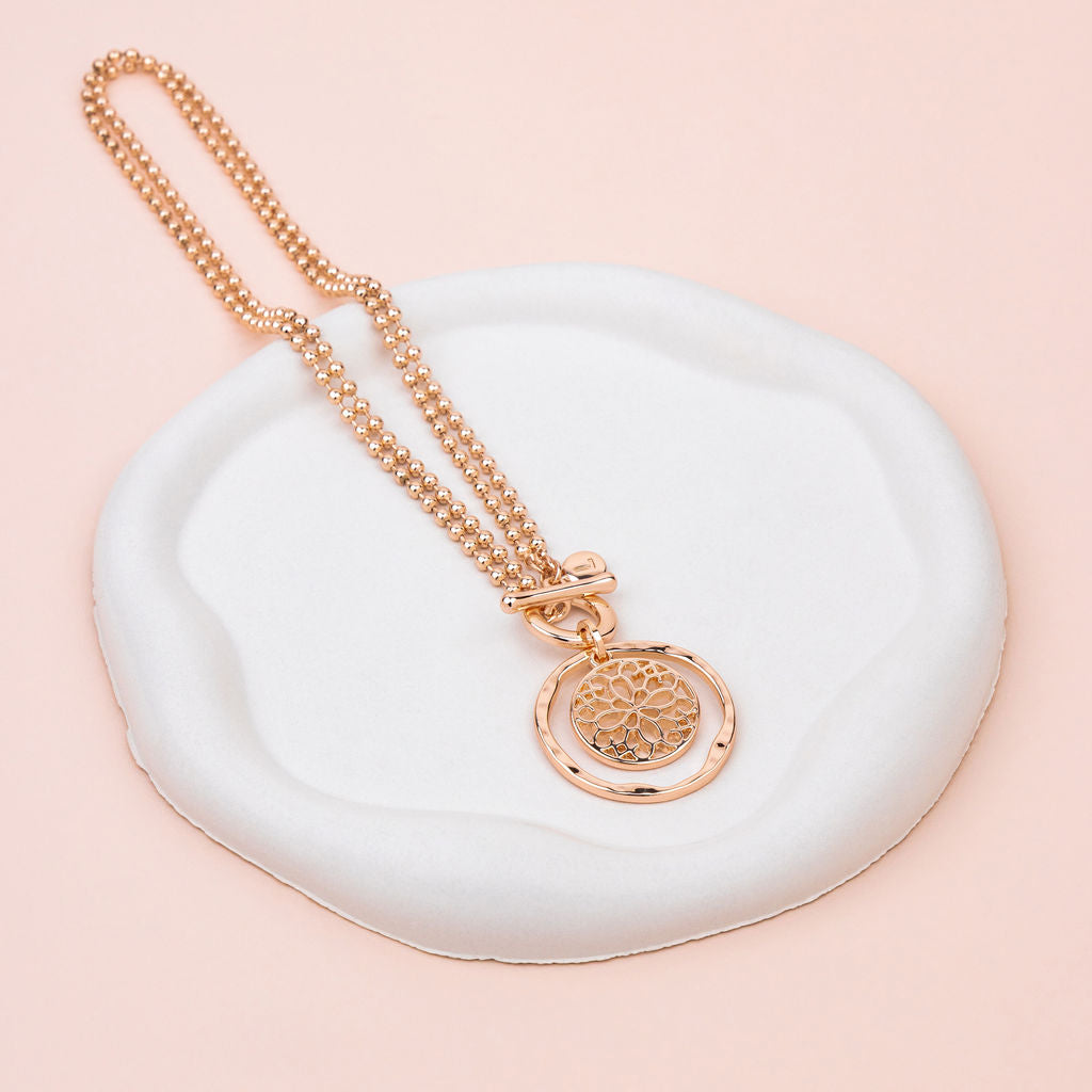SHORT| LONG | Rose Gold Circle & Flower Pendant Necklace