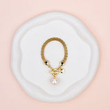 Yellow Gold Chain with Double Sided Pearl/Metal Pendant Bracelet