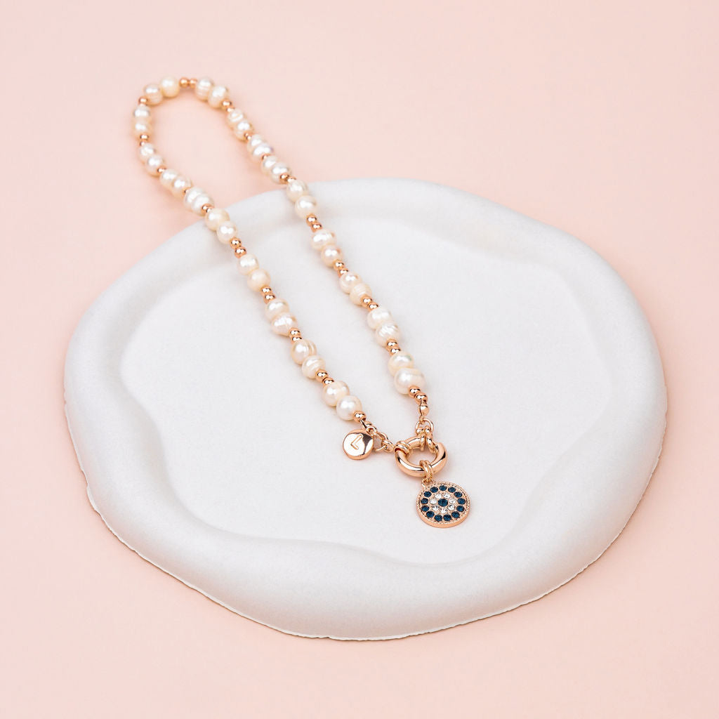 SHORT | Rose Gold Eye Pendant on Freshwater Pearl Necklace