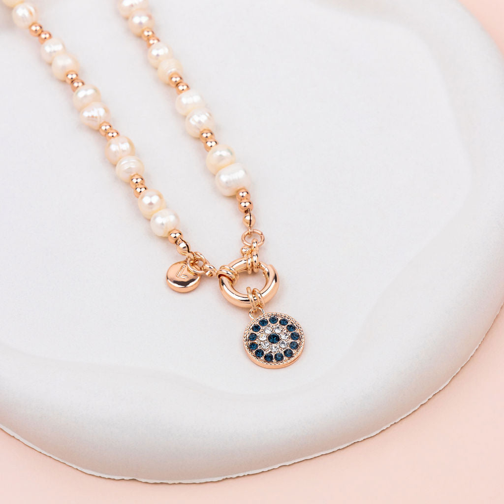 SHORT | Rose Gold Eye Pendant on Freshwater Pearl Necklace