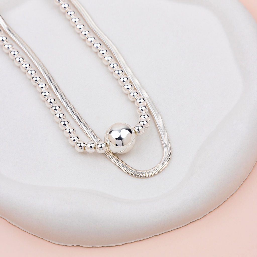 SHORT | Silver 2 Layer Snake & Ball Necklace