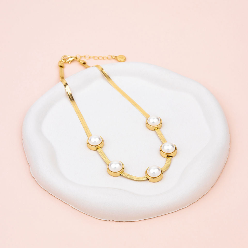 SHORT | Yellow Gold Wide Snake Chain with Pearls Necklace