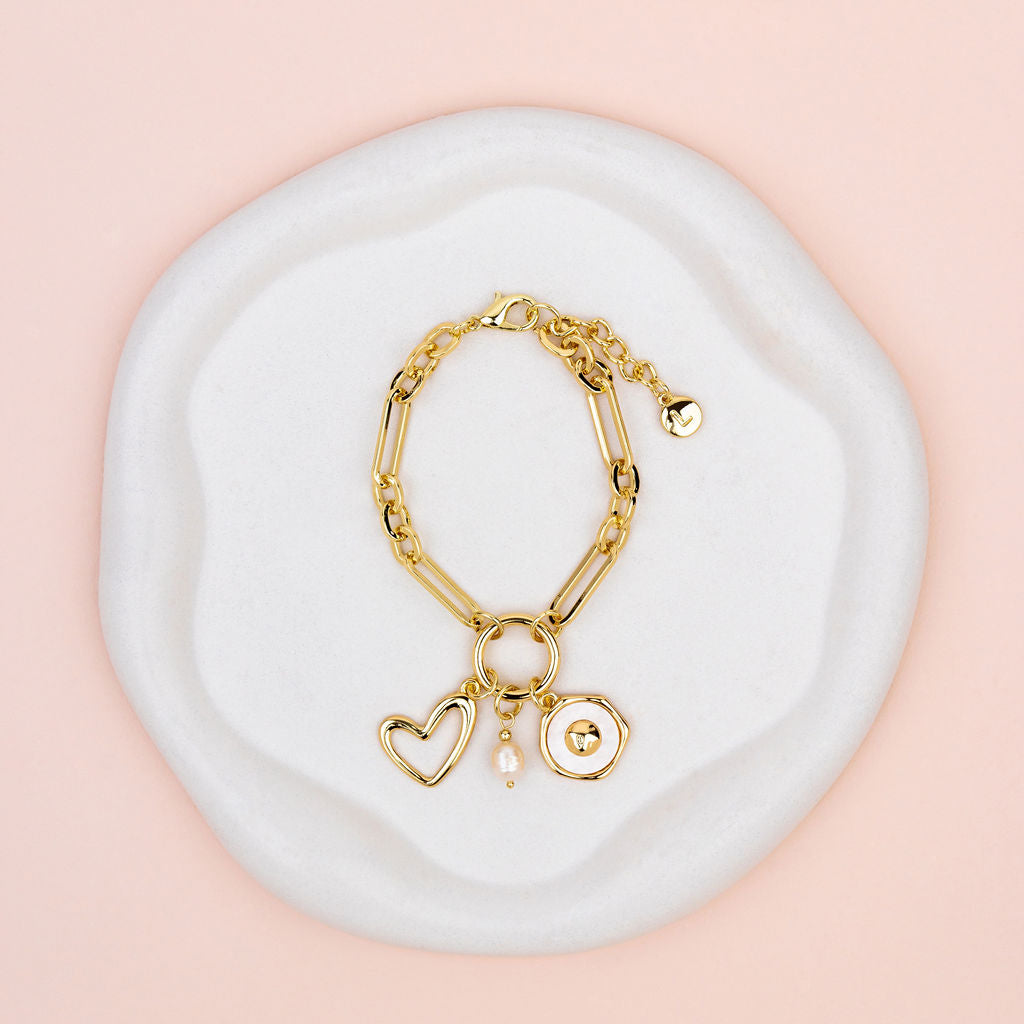 Yellow Gold Heart Pearl Charm Bracelet