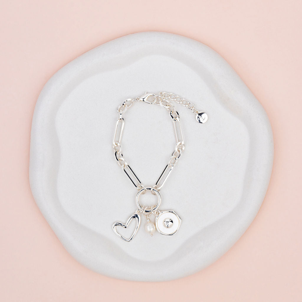 Silver Heart Pearl Charm Bracelet