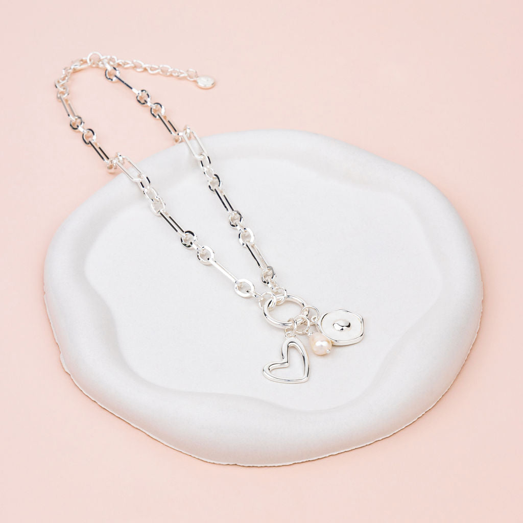 SHORT | Silver Heart Pearl Charm Necklace