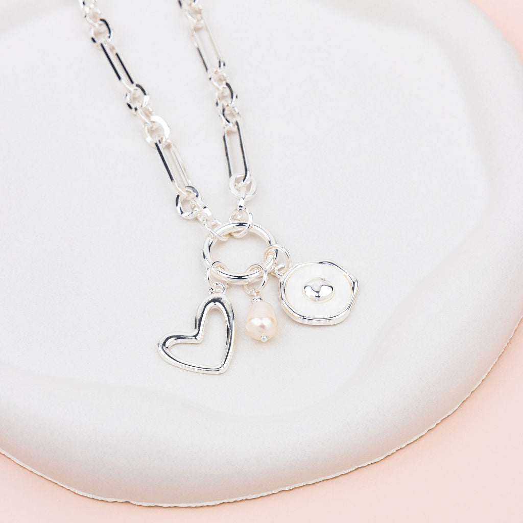 SHORT | Silver Heart Pearl Charm Necklace