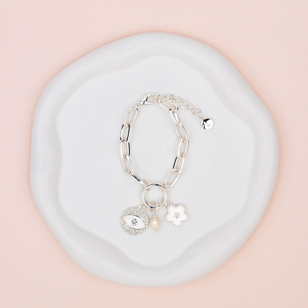 Silver Crystal Eye Charm Bracelet