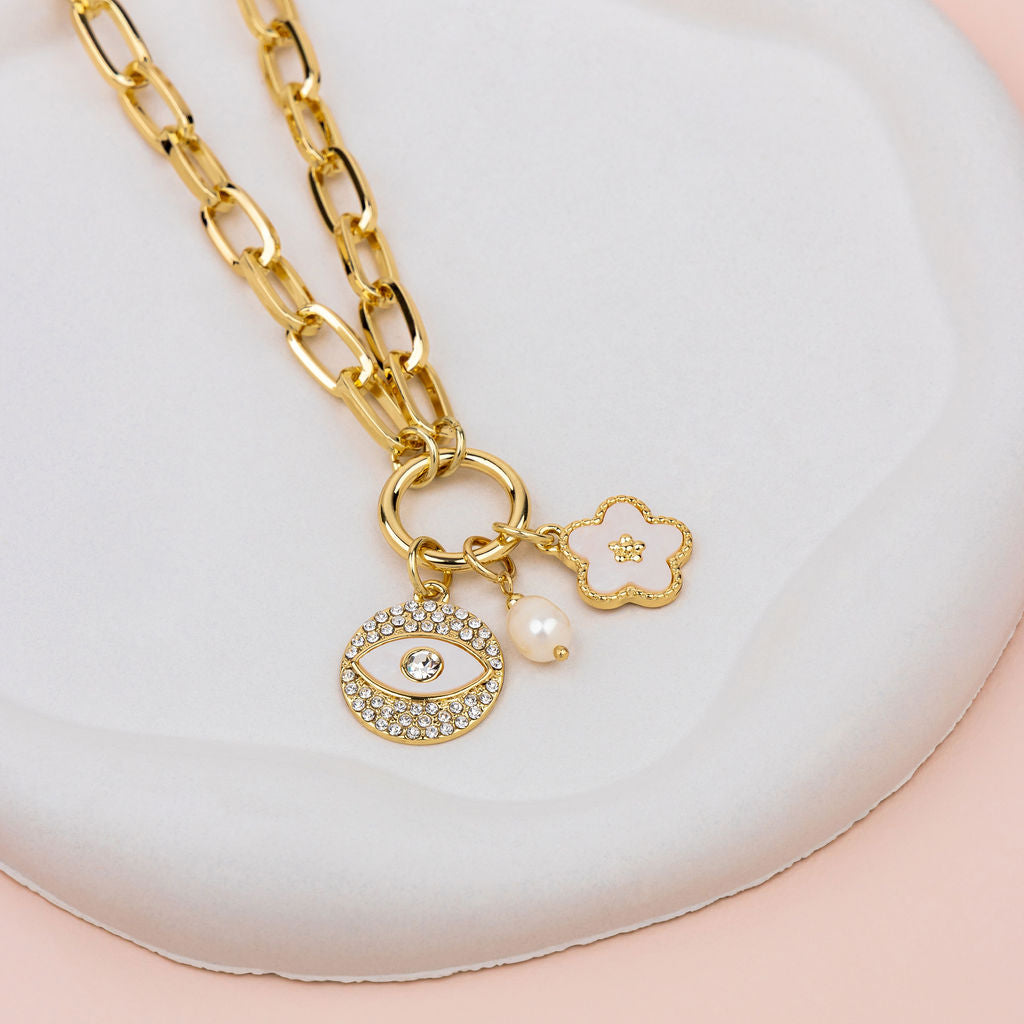 SHORT | Gold Crystal Eye Charm Necklace