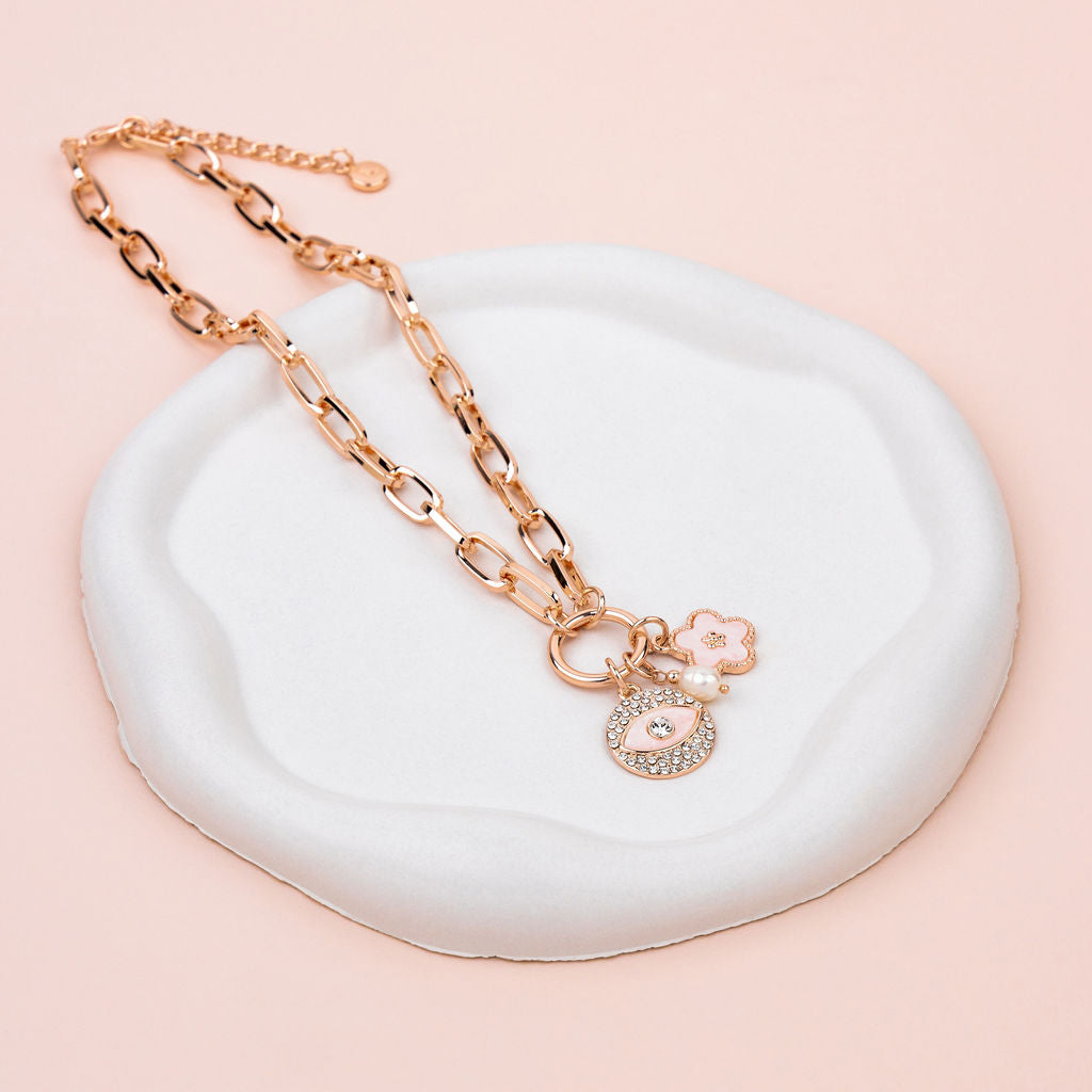 SHORT | Rose Gold Crystal Eye Charm Necklace