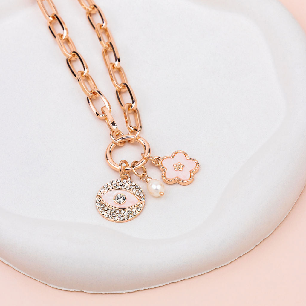 SHORT | Rose Gold Crystal Eye Charm Necklace