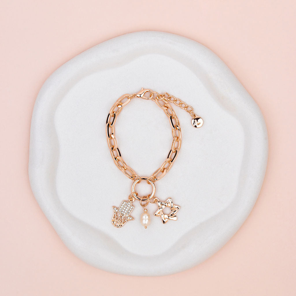 Rose Gold Hamsa Hand and Star Charm Bracelet
