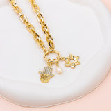 SHORT | Yellow Gold Hamsa Hand and Star Charm Necklace
